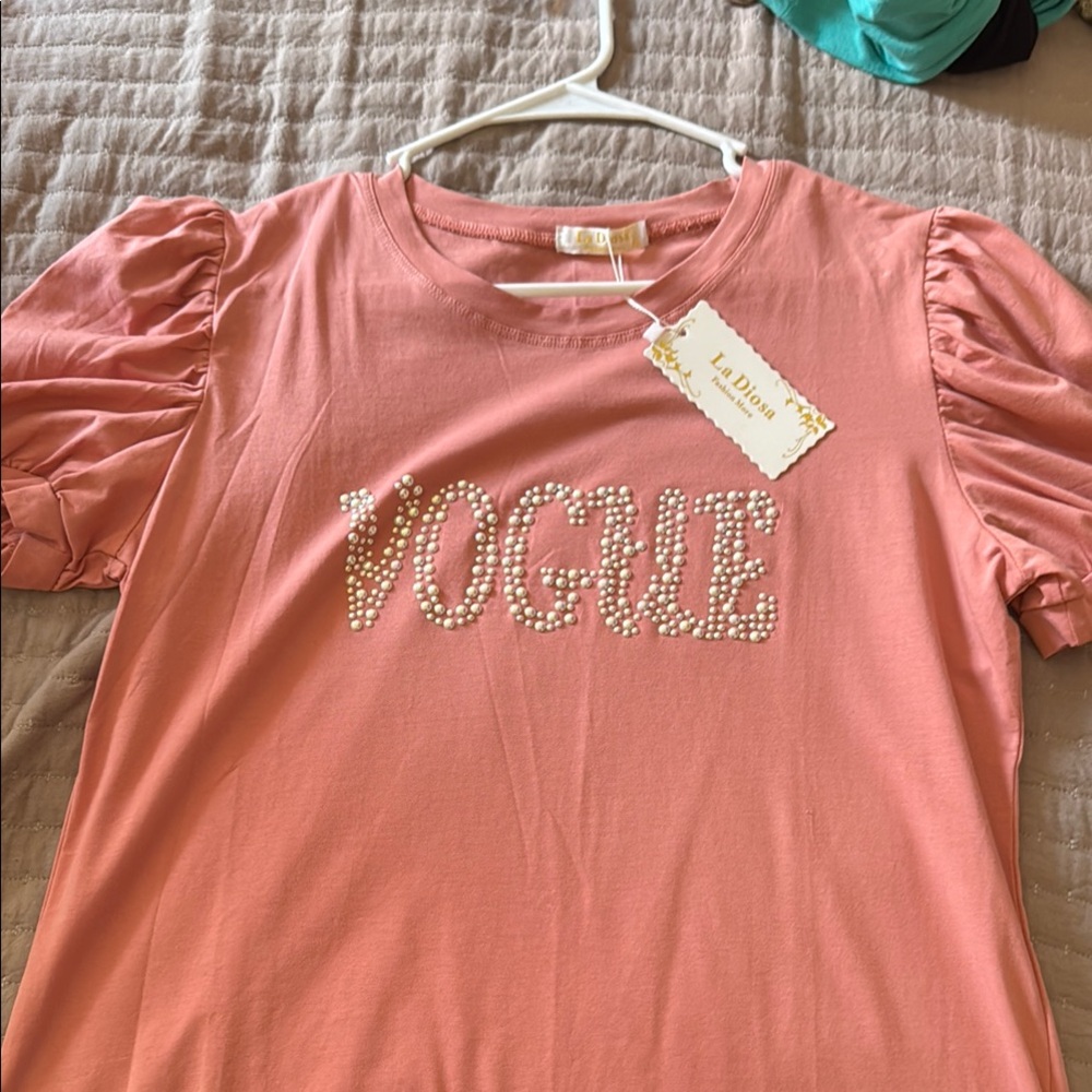 Vogue Pink Short Sleeve Tee with Puff Sleeves